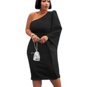 GOBLES Women's Elegant One Shoulder Bell Sleeve Bodycon Back Split Midi Party Dr